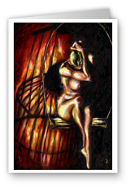 greeting card, artistic greeting card, stylish greeting car, birthday card, valentine card, christmas card, fine art greeting card, gift idea, unique greeting card, artist original greeting card, gift card, cool gift card, woman nude painting, fire flame, birdcage, surreal woman painting, emotion art, sorrow art, depression art, love, inspiring, blond, woman, nude, stuck between the conflict of life, struggle 
