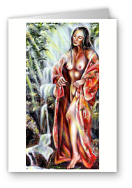 greeting card, artistic greeting card, stylish greeting car, birthday card, valentine card, christmas card, fine art greeting card, gift idea, unique greeting card, artist original greeting card, gift card, cool gift card,  Japanese art greeting card, asian taste greeting card, Japanese taste green card, Japanesque, Japanese art gift card, kimono, Japaense woman nude, nude, nude in nature, water fall, beautiful Japanese woman, sexy