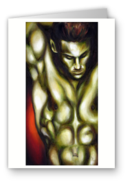 greeting card, artistic greeting card, stylish greeting car, birthday card, valentine card, christmas card, fine art greeting card, gift idea, unique greeting card, artist original greeting card, gift card, cool gift card, man nude painting, muscle dancer's body, male nude, red and green, sexy painting, provacative painting, dancer in motion