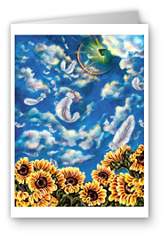 greeting card, artistic greeting card, stylish greeting car, birthday card, valentine card, christmas card, fine art greeting card, gift idea, unique greeting card, artist original greeting card, gift card, cool gift card, feathers are falling from a door angel forgot to close, angel painting, fantasy artwork, fantasy painting, sun flower and blue sky painting, fantasy surrealism painting, rainbow, angel, feather, blue sky, sun flower