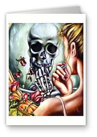greeting card, artistic greeting card, stylish greeting car, birthday card, valentine card, christmas card, fine art greeting card, gift idea, unique greeting card, artist original greeting card, gift card, cool gift card,skull portrait, dead flower, rose, mirror, make up, life and death painting, death, cool art, beauty fade, woman and skull, woman putting make up reflecing skull in the mirror