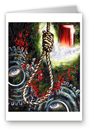 greeting card, artistic greeting card, stylish greeting car, birthday card, valentine card, christmas card, fine art greeting card, gift idea, unique greeting card, artist original greeting card, gift card, cool gift card,rebirth, power of god, birth, eye, surrealism art, surrealism painting, universe, life, rope, hang rope, death, gears, blood, door, dove, bird, spirit, shocking