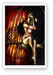 post card, artistic post card, stylish greeting car, birthday card, valentine card, christmas card, fine art post card, gift idea, unique post card, artist original post card, gift card, cool gift card, woman nude painting, fire flame, birdcage, surreal woman painting, emotion art, sorrow art, depression art, love, inspiring, blond, woman, nude, stuck between the conflict of life, struggle 