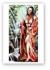 post card, artistic post card, stylish greeting car, birthday card, valentine card, christmas card, fine art post card, gift idea, unique post card, artist original post card, gift card, cool gift card,  Japanese art post card, asian taste post card, Japanese taste post card, Japanesque, Japanese art gift card, kimono, Japaense woman nude, nude, nude in nature, water fall, beautiful Japanese woman, sexy