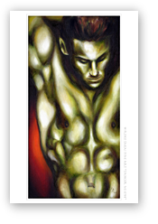 post card, artistic post card, stylish greeting car, birthday card, valentine card, christmas card, fine art post card, gift idea, unique post card, artist original post card, gift card, cool gift card, man nude painting, muscle dancer's body, male nude, red and green, sexy painting, provacative painting, dancer in motion