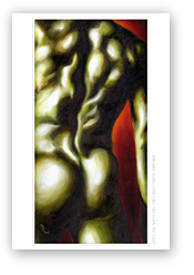 post card, artistic post card, stylish greeting car, birthday card, valentine card, christmas card, fine art post card, gift idea, unique post card, artist original post card, gift card, cool gift card,man nude painting, muscle dancer's body, male nude, red and green, sexy painting, provacative painting, man buttocks, butt, behind, backside, hips