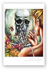 post card, artistic post card, stylish greeting car, birthday card, valentine card, christmas card, fine art post card, gift idea, unique post card, artist original post card, gift card, cool gift card,skull portrait, dead flower, rose, mirror, make up, life and death painting, death, cool art, beauty fade, woman and skull, woman putting make up reflecing skull in the mirror