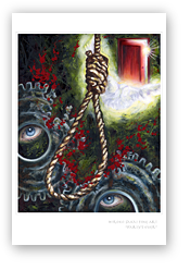 post card, artistic post card, stylish greeting car, birthday card, valentine card, christmas card, fine art post card, gift idea, unique post card, artist original post card, gift card, cool gift card,rebirth, power of god, birth, eye, surrealism art, surrealism painting, universe, life, rope, hang rope, death, gears, blood, door, dove, bird, spirit, shocking