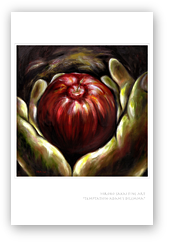 post card, artistic post card, stylish greeting car, birthday card, valentine card, christmas card, fine art post card, gift idea, unique post card, artist original post card, gift card, cool gift card,figurative painting, Adam's dilemma, holding apple, apple painting, Adam and Eve, temptation, green and red painting, the garden of eden