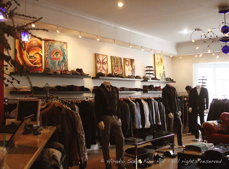 san francisco, castro street, italian boutique, edgy boutique, men's fashion, alfio's, cool boutique display with art, boutique art gallery, hiroko sakai fine art, hiroko, hiroko sakai, art in san francisco