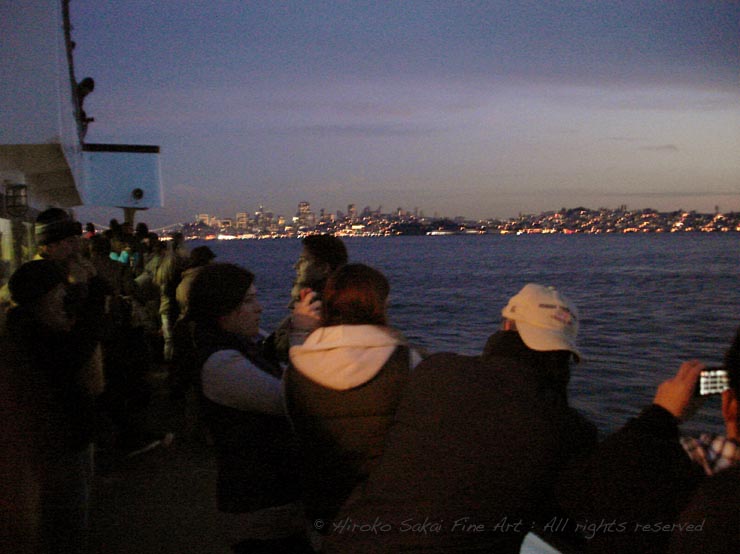 ferry passangers, san francisco bay, night view